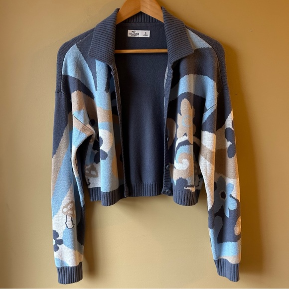 Hollister Cropped Mushroom Floral Sweater Size Small Blue Tan Retro Boho Hippie - Picture 2 of 15